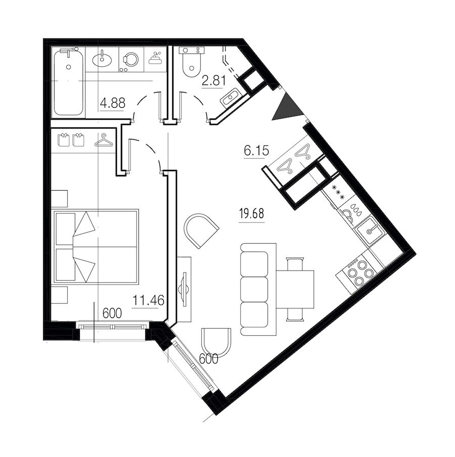 1-комнатная квартира 44.98 м², 8/9 эт., ЖК «LEGENDA Малоохтинский 68»